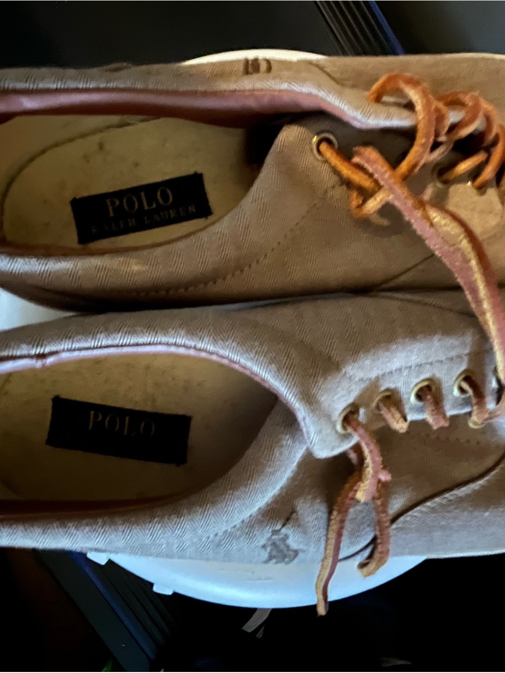 Polo by Ralph Lauren men’s Tan Canvas Lace-Up Sneakers with Brown Trim. Size 12D